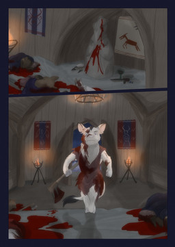 after_fight ambiguous_gender anthro axe blood blood_on_body blood_on_object blood_on_weapon bodily_fluids brown_body brown_fur clothed clothing corpse death female fingers fur group holding_object holding_weapon hooved_fingers hooves inside night tail weapon white_body white_fur white_tail young young_anthro bjekkergauken the_weapon_thief aurochs bovid bovine mammal recently_extinct_species 2025 colored comic hi_res