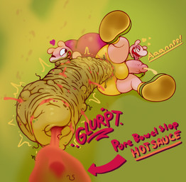 ambiguous_gender antennae_(anatomy) big_butt big_penis blush bodily_fluids butt cum duo ejaculation fart fart_cloud feces food genital_fluids genitals hot_sauce huge_butt looking_back male open_mouth penis penis_shaped_scat pooping scatplay simple_background smile spice_bug text tongue wide_hips yowesephth arthropod insect digital_media_(artwork) english_text hi_res