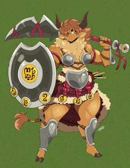 5_fingers anthro armor breasts brown_body brown_fur brown_hair clothed clothing ear_piercing eyebrow_through_hair eyebrows eyelashes female fingers fur green_eyes hair hair_over_eye hooved_toes hooves horn muscular muscular_anthro muscular_female one_eye_obstructed piercing shield solo standing thick_thighs translucent translucent_hair weapon wide_hips chalo bovid bovine cattle mammal 2023 full-length_portrait hi_res portrait signature