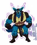 2019 anthro balls big_balls big_muscles big_penis black_nipples black_penis bobert bodily_fluids dwindling_muscles generation_4_pokemon genitals half-erect hi_res holding_object huge_balls huge_muscles huge_penis humanoid_genitalia humanoid_penis lucario male muscular muscular_anthro muscular_male nintendo nipples nude penis penis_shrinking plantigrade pokemon pokemon_(species) shrinking shrinking_balls shrinking_genitalia shrinking_muscles simple_background size_transformation solo standing sweat transformation weight_rack weights white_background yellow_balls