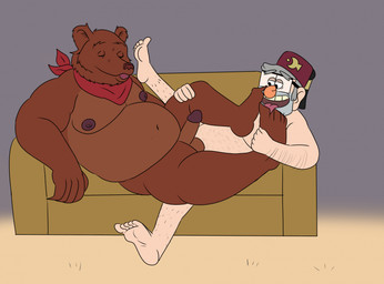 anthro arm_hair balls belly big_belly body_hair clothing duo erection eyes_closed eyewear feet fez foot_fetish foot_lick furniture genitals glasses hat hat_only headgear headgear_only headwear headwear_only kerchief kerchief_only leg_hair licking male male/male moobs mostly_nude musclegut muscular navel nipples open_mouth overweight overweight_anthro overweight_male sex sitting size_difference sofa tongue denki404 disney gravity_falls stan_pines uncle_rusty_(little_bear) bear brown_bear human mammal ursine hi_res