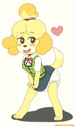anthro blouse bottomwear bottomwear_pull breasts clothed clothing clothing_pull diaper diaper_under_clothing exposed_diaper female happy heart_symbol looking_at_viewer pencil_skirt skirt skirt_pull solo tail tail_motion tailwag text topwear wearing_diaper aweye-ff animal_crossing nintendo isabelle_(animal_crossing) canid canine canis domestic_dog mammal shih_tzu toy_dog 2018 hi_res url