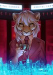 2021 5_fingers alcohol anthro beverage blurred_background clothing colored_nails container cup cyberpunk digital_media_(artwork) digital_painting_(artwork) drinking_glass felid female fingers fur glass glass_container glass_cup hair hi_res holding_object holding_wine_glass hologram jacket lion looking_at_viewer mammal nails necktie pantherine red_clothing red_necktie red_topwear smile solo standing tan_body tan_fur topwear wayn_animation white_hair wine_glass