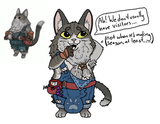 anthro ball_bulge beard big_bulge bodily_fluids bulge facial_hair foreskin genital_fluids genitals leaking_precum male partially_retracted_foreskin penis precum solo standing text not4summ final_fantasy final_fantasy_xiv square_enix felid feline gaelicat mammal english_text