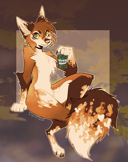 anthro brown_hair coffee_cup container cup female fur hair pink_nose solo tail white_body white_fur starreseyer autumn_mocca_(rookie_fox) canid canine fox mammal hi_res