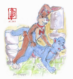 anal anthro anthro_on_anthro bodily_fluids collar cum cum_in_ass cum_inside cum_on_ground cum_while_penetrated doggystyle duo ejaculation floor from_behind_position genital_fluids genitals humanoid_genitalia humanoid_penis in_bathroom male male/male male_on_top mascot medicine_cabinet nestles on_top open_mouth penetration penis restroom_sex sex sink sound_effects text tile tile_floor toilet tongue tongue_out watercolor_sketch fennec_(artist) guppy_(bluefurry) quicky_(mascot) domestic_cat felid feline felis lagomorph leporid mammal rabbit traditional_media_(artwork)