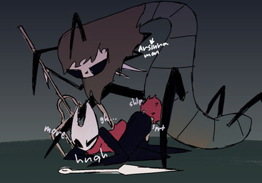 4_legs antennae_(anatomy) anthro black_arms black_body black_legs bodily_fluids claws cloak cloak_only clothing cum cum_drip cum_inside defeat_sex dripping duo ejaculation female genital_fluids genitals holding_object holding_weapon horn hunched_over male male/female male_on_top multicolored_body on_ground on_model on_top penetration penile penile_penetration penile_spines penis pitchfork questionable_consent simple_background simple_eyes simple_face size_difference spiked_penis spikes spikes_(anatomy) tools weapon arsinnamon hollow_knight:_silksong hollow_knight_(franchise) team_cherry hornet_(hollow_knight) arachnid arthropod spider thread_raker absurd_res hi_res