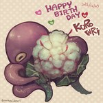 ambiguous_gender brown_text cauliflower dotted_background feral food green_heart green_leaves happy_birthday horizontal_pupils pattern_background pink_heart plant pupils purple_body purple_tentacles purple_text red_heart red_text simple_background solo tentacles text vegetable yellow_eyes amamidori kurouri_(kurowri) blanket_octopus cephalopod marine mollusk 1:1 2015 artist_name digital_media_(artwork) digital_painting_(artwork) english_text low_res restricted_palette signature translation_check