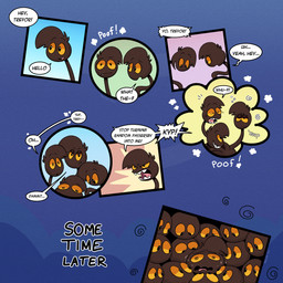 abstract_background blue_background body_part_transformation brown_body brown_fur comic_panel conjoined dialogue fur implied_transformation living_tail merge_transformation orange_sclera poof_transformation round_head sharing_body sharp_teeth simple_background solo speech_bubble tail tail_head tail_mouth tail_transformation teeth text transformation twinning unusual_anatomy unusual_tail trevor-fox nintendo pokemon trevor-fox_(character) generation_2_pokemon girafarig pokemon_(species) 1:1 comic english_text hi_res