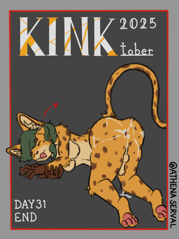 anthro balls bodily_fluids butt cum cum_inside cum_on_butt ejaculation fictional_magazine_cover genital_fluids genitals gynomorph heart_symbol intersex leaking leaking_cum magzine messy penis solo text athenaserval kinktober kinktober_2025 felid feline mammal serval 2025 3:4 cover english_text hi_res magazine_cover trans_(lore) trans_woman_(lore)