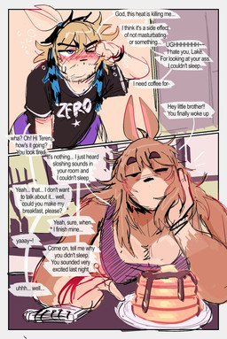 2_panel_comic anthro barbell_piercing blonde_hair blue_highlights blush blush_lines briefs brown_body brown_fur brown_hair clothing dialogue dot_eyes duo fur hair half-closed_eyes highlights_(coloring) long_hair male narrowed_eyes nipple_barbell nipple_piercing nipples one_eye_closed piercing shirt simple_eyes slightly_chubby slightly_chubby_anthro slightly_chubby_male speech_bubble stubble t-shirt tan_body tan_fur tank_top teapot_(body_type) text tied_ears topwear underwear white_body white_fur gat0pussy24 demi_(gat0pussy24) tereru_(gat0pussy24) lagomorph leporid mammal rabbit english_text hi_res