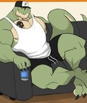 anthro beverage_can biceps big_biceps big_deltoids big_muscles black_tattoo body_hair bottomwear chest_hair chest_tattoo clothing countershade_body countershade_face countershade_neck countershade_scales countershade_torso countershading dark_tattoo deltoids facial_hair furniture green_arms green_body green_face green_fingers green_hands green_head green_legs green_neck green_scales hat headgear headwear huge_deltoids huge_muscles hyper hyper_biceps hyper_deltoids hyper_muscles light_arms light_body light_chest light_eyes light_face light_fingers light_hands light_head light_legs light_neck male male_anthro manly mature_anthro mature_male monotone_arms monotone_chest multicolored_body multicolored_scales muscular muscular_anthro muscular_arms muscular_male neck_muscles pecs scale_tattoo scales shirt shorts sitting skull_symbol skull_tattoo small_eyes sofa solo symbol symbol_tattoo tan_body tan_chest tan_countershading tan_face tan_head tan_neck tan_scales tank_top tattoo topwear trapezius two_tone_body two_tone_face two_tone_head two_tone_neck two_tone_scales white_clothing white_shirt white_tank_top white_topwear yellow_eyes darknaigart jace_(darknaig) dinosaur prehistoric_species reptile scalie theropod tyrannosaurid tyrannosauroid tyrannosaurus tyrannosaurus_rex absurd_res colored digital_drawing_(artwork) digital_media_(artwork) hi_res