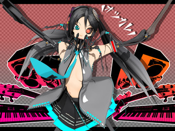 accessory bass_guitar black_bars black_bottomwear black_clothing black_skirt blue_necktie bottomwear breasts checkered clothed clothing cosplay cybernetic_eye cybernetics electronic_musical_instrument electronics female front_view glistening glistening_clothing glistening_shirt glistening_topwear gradient_background grey_clothing grey_hair grey_shirt grey_topwear guitar hair happy keyboard_instrument looking_at_viewer machine mechanical_arm medium_breasts musical_instrument musical_keyboard navel necktie no_bra not_furry open_clothing open_shirt open_topwear pleated_skirt plucked_string_instrument red_eyes shirt simple_background skirt solo speaker string_instrument synthesizer teal_eyes text topwear deino_(artist) vocaloid yamaha_corporation calne_ca hatsune_miku nato-kun arthropod crustacean humanoid isopod malacostracan robot robot_humanoid 2009 3d_(artwork) 4:3 autodesk_3ds_max_(artwork) digital_media_(artwork) japanese_text letterbox