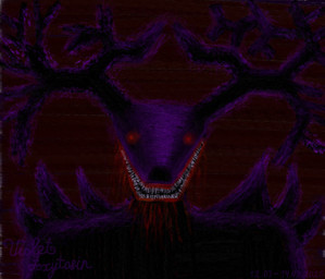 ambiguous_gender anthro antlers black_body blood bodily_fluids hell horn nightmare_fuel open_mouth red_eyes simple_background solo spikes teeth violet_foxytosin american_mythology indigenous_north_american_mythology mythology north_american_mythology demon wendigo hi_res