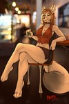 anthro barefoot beverage blonde_hair bottomwear breasts choker clothing feet female fur furgonomics hair holding_beverage holding_object inside jewelry necklace photo_background sitting skirt smile solo tail tail_through_skirt tan_body tan_fur fyrephase canid canine fox mammal 2021 2:3 absurd_res hi_res photography_(artwork)