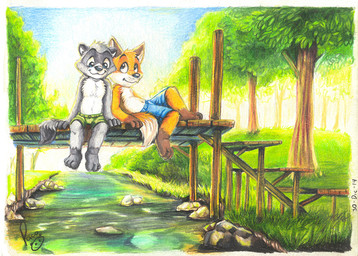 anthro black_nose blue_bottomwear blue_clothing blue_eyes blue_shorts bottomwear bridge closed_smile clothed clothing creek duo fur glistening glistening_eyes green_bottomwear green_clothing green_shorts grey_body grey_fur logo male mouth_closed orange_body orange_fur plant reclining rock shorts sitting smile topless tree white_body white_fur young young_anthro young_male pandapaco art_(pandapaco) biro_(pandapaco) canid canine fox mammal procyonid raccoon 2014 artist_logo dated signature