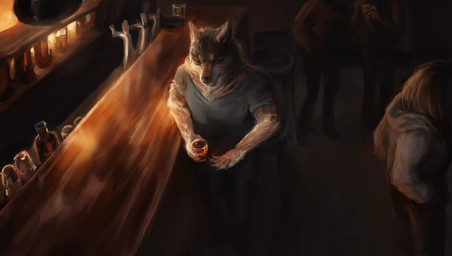 alcohol anthro bar beverage blue_eyes clothed clothing dark fully_clothed group high-angle_view male scar solo_focus transformation elkaart mythology rakan canid canine canis mammal mythological_canine mythological_creature werecanid werecanine werecreature werewolf wolf 2018 absurd_res digital_media_(artwork) digital_painting_(artwork) hi_res painting_(artwork) warm_colors
