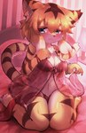 anthro blush breasts clothed clothing female female_anthro fur green_eyes hair kemono solo stripes yellow_body theta_k23 cygames world_flipper mia_(world_flipper) felid mammal pantherine tiger hi_res