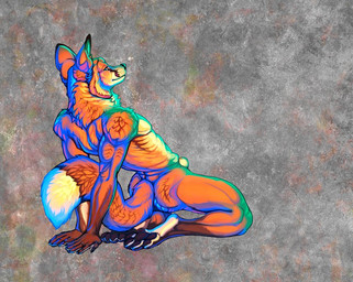4_toes 5_fingers all_fours animal_genitalia anthro arm_tuft black_ear_tips black_pawpads blue_eyes brown_body brown_fur butt_tuft detached_sheath dipstick_ears dipstick_limbs dipstick_tail ear_markings eyebrows eyelashes feet fingers fully_sheathed fur genitals kneeling leaning leaning_backward looking_at_viewer looking_back male markings multicolored_ears neck_tuft nipples orange_body orange_fur pattern_background pawpads pecs sheath shoulder_tuft simple_background smile smiling_at_viewer solo tail tail_markings tail_tuft toes tuft white_sheath white_tail_tip hibbary canid canine fox mammal red_fox true_fox 2022 colored shaded