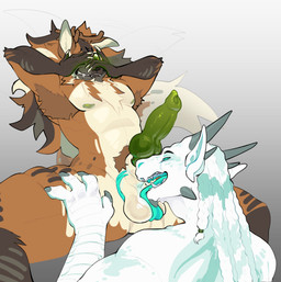 ambiguous_gender anthro antlers armpit_hair ball_lick balls body_hair clawing covering covering_face duo erection facial_spikes genitals horn knot knotted_penis licking nipples oral penis pointy_ears sex spikes spikes_(anatomy) spread_legs spreading tail tail_motion tailwag tongue tusks xonn mythology canid canine dragon mammal maned_wolf mythological_creature mythological_scalie scalie hi_res