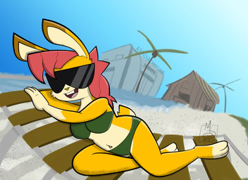3_toes anthro barefoot beach belly bikini bikini_bottom bikini_top breasts buckteeth chair clothed clothing eyewear feet female fur furniture glasses grass hair hotel hut lounge_chair lounger lying navel on_side open_mouth orange_body orange_fur outside palm_tree plant red_hair seaside sky slightly_chubby slightly_chubby_female smile solo sunbathing sunglasses swimwear tail teeth toes tree two-piece_swimsuit water wave wearing_glasses white_body sebaku jelly-limos lagomorph leporid mammal rabbit absurd_res digital_media_(artwork) hi_res
