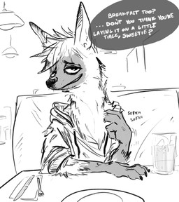 4_fingers anthro beverage black_nose ceiling_lamp closed_smile clothed clothed_anthro clothing coat cutlery detailed_background dialogue facial_markings fingers first_person_view fork fur furniture glass gloves_(marking) half-closed_eyes happy head_markings hoodie jacket kitchen_utensils lamp looking_at_viewer male mane markings mask_(marking) messy_fur mouth_closed napkin narrowed_eyes onomatopoeia plate restaurant scratching scratching_self sitting smile solo sound_effects speech_bubble stubble table talking_to_viewer text tools topwear nobby_(artist) disney pack_street zootopia fan_character wolter_(weaver) aardwolf hyena mammal 2018 digital_media_(artwork) english_text greyscale half-length_portrait hi_res monochrome portrait