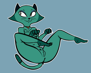 anthro anus black_ears black_nose blue_eyeshadow breasts claws dipstick_tail eyeshadow female fur genitals green_background green_body green_eyes green_fur green_tail makeup markings multicolored_body multicolored_fur outline simple_background solo spread_legs spreading tail tail_markings toe_claws two_tone_body two_tone_fur two_tone_tail vulva whiskers white_outline gold-white-kott dic_entertainment hello_kitty's_furry_tale_theater hello_kitty_(series) sanrio catnip_(hello_kitty) domestic_cat felid feline felis mammal