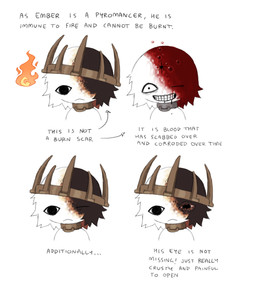 :< ambiguous_gender anthro black_eyes blood bodily_fluids brown_collar brown_crown collar crown fire fur grin headgear metal_collar one_eye_closed pupils simple_background small_pupils smile solo split_color_hair split_color_head teeth text white_background white_body white_fur jejejunum ember_(jejejunum) demon fraid_(species) 2026 bust_portrait digital_drawing_(artwork) digital_media_(artwork) english_text firealpaca_(artwork) hi_res multiple_images portrait