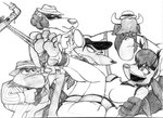 2_horns 3_toes anthro arm_grab bdsm bodily_fluids bondage bound breasts cigarette cigarette_in_mouth closed_frown clothed clothed_anthro clothed_female clothed_male clothing crying_laughing ear_tuft eyewear feet female frown group hair hat headgear headwear holding_feather holding_object horn laugh looking_at_another loose_feather male male/female mouth_closed necktie object_in_mouth open_mouth open_smile pompadour restrained restraints rope rope_bondage smile stirrup_legwear submissive submissive_anthro submissive_female sunglasses tears teeth tickle_fetish tickle_torture tickling tickling_feet toes tongue tuft ralftheralfman amphibian bovid bovine caracal caracal_(genus) cattle felid feline frog lion mammal murid murine pantherine rat rodent 2009 monochrome traditional_media_(artwork)