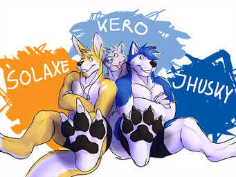 abstract_background anthro black_bottomwear black_claws black_clothing black_nose black_pawpads blue_body blue_eyes blue_fur blue_hair blue_nose bottomwear claws clothed clothing front_view fur grin group hair head_tuft jewelry male male_anthro necklace pawpads short_hair sitting smile toe_claws tongue tongue_out topless trio tuft white_body white_claws white_fur yellow_body yellow_eyes yellow_fur solaxe_(artist) jhusky kero_(harrisonwolf) solaxe kangaroo macropod mammal marsupial 4:3