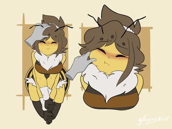 4_arms accessory ambiguous_gender antennae_(anatomy) arthropod_abdomen blush cheek_pinch clasped_hands clothing disembodied_hand eyes_closed female grey_hands hair_accessory hair_tie headpat legwear multi_arm multi_limb pattern_clothing smile solo striped_body striped_clothing stripes thigh_highs yellow_body glowyskull maylene_bea_(glowyskull) arthropod bee hymenopteran insect 4:3 hi_res