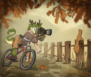 4_toes acorn ambiguous_gender anthro antlers autumn barefoot bicycle bottomwear camera claws clothing countershade_face countershade_fur countershade_tail countershading digitigrade eyewear feet fence fencepost finger_claws food fruit fur glasses grass green_body green_fur horn long_tail nut_(fruit) oak_tree pants paws plant purple_antlers round_glasses scarf sticker sweater tail tail_tuft taking_picture tan_body tan_fur toe_claws toes topwear tree tuft vehicle yellow_eyes pineconepaladin mossweaver deer furred_kobold furred_scalie hybrid kobold mammal rodent scalie sciurid tree_squirrel absurd_res hi_res