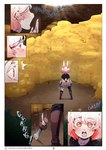 anthro biped cave clothed clothing comic digital_media_(artwork) eyelashes female fingerless_gloves fingers gloves gold_(metal) gold_jewelry hair handwear hi_res ima_(imabunbun) imabunbun jewelry lagomorph leporid mammal multicolored_hair pink_hair rabbit red_body red_eyes shaded shocked sound_effects spiral_eyes text tongue two_tone_hair url white_body white_hair