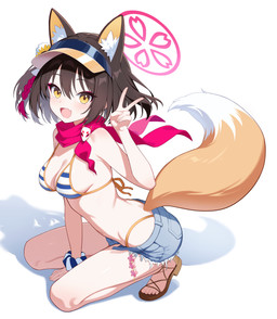 animal_ears bare_legs bare_shoulders bikini blush bottomwear bracelet breasts brown_hair clothing cute_fangs denim denim_bottomwear denim_clothing denim_shorts fangs feet female fluffy_ears footwear hair hair_between_eyes halo hand_between_legs jewelry kneeling leaning leaning_forward medium_breasts open_mouth pattern_bikini pattern_clothing pattern_swimwear raised_tail sandals scarf shoes short_hair shorts simple_background string_bikini striped_bikini striped_clothing striped_swimwear stripes swimwear tail teeth two-piece_swimsuit two_tone_tail white_background yellow_eyes sonoda329 blue_archive nexon izuna_(blue_archive) animal_humanoid canid canid_humanoid canine canine_humanoid fox_humanoid humanoid mammal mammal_humanoid absurd_res hi_res