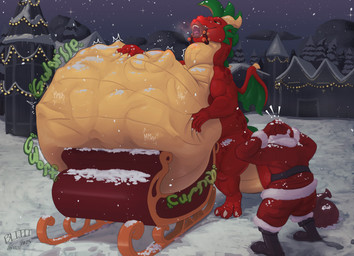 anthro belly claws group gurgle_(sound_effect) holidays horn male night onomatopoeia plant red_body red_scales rumbling_stomach scales sleigh snow soft_vore sound_effects text tree trio unwilling_prey vore wings blitzit christmas mythology blitzit_(character) santa_claus deer dragon mammal mythological_creature mythological_scalie new_world_deer reindeer scalie hi_res