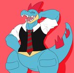 anthro blue_body eyes_closed featureless_crotch hand_behind_head hand_on_hip male necktie open_mouth pattern_necktie pokemorph red_background sharp_teeth simple_background solo striped_necktie suit_and_tie teeth 44vex nintendo pokemon feraligatr generation_2_pokemon pokemon_(species) 2020 hi_res portrait three-quarter_portrait