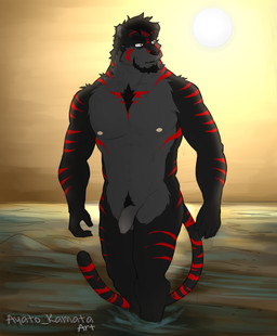 anthro beard biped black_body black_fur black_hair chest_tuft eyebrows facial_hair feline_tail flaccid foreskin fur fur_markings genitals grey_body grey_fur hair inner_ear_fluff looking_aside male manly markings muscular muscular_anthro muscular_male nipples partially_submerged pecs penis pubes red_body red_fur red_stripes sea solo standing stripes sun sunset tail thick_eyebrows tuft walking_towards_viewer water wet wet_body wet_fur ayato_kamata bi_(ayato_kamata) felid mammal pantherine tiger absurd_res hi_res