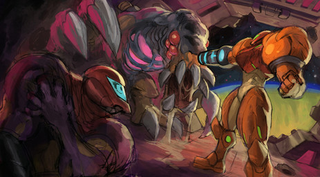armor battle bodily_fluids claws detailed_background eye_contact female group looking_at_another planet saliva space trio varia_suit garrett_hanna metroid metroid_fusion nintendo sa-x samus_aran alien human mammal omega_metroid hi_res
