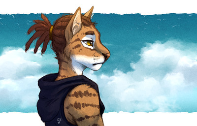 anthro brown_hair brown_nose clothed clothing cloud dreadlocks hair hoodie sad sky solo topwear yellow_eyes noviraine nomad_(tasanko) abyssinian_cat domestic_cat eurasian_lynx felid feline felis hybrid lynx mackerel_tabby mammal 2019