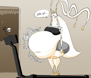 antennae_(anatomy) anthro athletic_wear belly big_belly big_butt big_eyes biped bloated bodily_fluids bone bottomwear butt closet clothed clothing crop_top ear_accessory electronics female flying_sweatdrops furniture_damage hair huge_belly hyper hyper_belly inside navel nervous nervous_smile nervous_sweat obese obese_anthro obese_female onomatopoeia overweight overweight_anthro overweight_female pokemorph profanity rumbling_stomach shirt shorts skull solo sound_effects speech_bubble standing sweat sweatdrop text three-quarter_view topwear treadmill weight_conscious weight_gain white_body white_hair wide_hips blahblah866 nintendo pokemon fan_character phera_(blahblah866) arthropod generation_7_pokemon pheromosa pokemon_(species) ultra_beast 2025 alternate_version_at_paywall digital_media_(artwork) english_text hi_res story_at_source