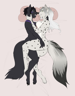 anthro bedroom big_breasts breast_squish breasts butt caressing caressing_face caressing_neck cuddling duo female female/female leg_over_thigh loving_embrace loving_gaze nipple_frottage nipples nude paws spread_legs spreading squish narusewolf canid canine canis domestic_dog mammal wolf gabriella_(disambiguation) hi_res