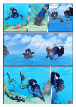 ambiguous_gender anthro biped black_body black_fur black_hair black_tail clothed clothing dark_body dark_skin day dialogue dialogue_box ear_fins feral fin fur hair musical_note musical_symbol outside plant sea speech_bubble split_form swimming symbol tail text underwater water bjekkergauken mythology imbali_(bjekkergauken) aquatic fish merfolk unknown_species 2026 colored comic english_text hi_res