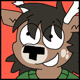 anthro antlers black_hair brown_body brown_fur clothing eye_through_hair fur green_clothing green_sweater green_topwear hair horn male male_anthro markings red_background simple_background smile solo spots spotted_markings sweater toothy_grin topwear translucent translucent_hair white_body white_fur freoncat normalsville leo_(normalsville) deer mammal 1:1 2025 bust_portrait colored english_description flat_colors icon low_res portrait