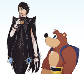 anthro backpack black_hair blue_eyes bottomwear brown_body brown_fur clothed clothing duo electronics eyewear female fur glasses gloves hair handwear jewelry looking_up male microphone necklace open_mouth shorts size_difference smile standing teeth hanpetos banjo-kazooie bayonetta platinumgames rareware sega banjo_(banjo-kazooie) bayonetta_(character) bear human mammal crossover meme