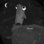 ambiguous_gender armless big_eyes cliff fish gills grass greyscale hi_res lil_dudes marine monochrome moon mouthless noseless plant raining shark shark_(lil_dudes) solo ted-simp