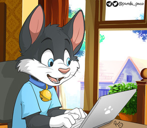 anthro bell bell_collar blue_clothing blue_eyes blue_shirt blue_t-shirt blue_topwear building cheek_tuft clothed clothing collar computer electronics facial_tuft fur gloves_(marking) grey_body grey_fur house inside laptop logo male male_anthro markings open_mouth open_smile pink_inner_ear pink_nose pink_tongue plant plant_pot potted_plant shirt smile solo t-shirt tongue topwear tuft whiskers white_body white_fur window young young_anthro young_male pandapaco domestic_cat felid feline felis mammal artist_logo signature