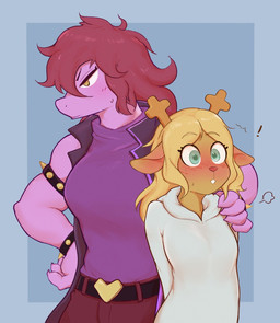 anthro antlers armband bare_shoulders belt_buckle big_breasts black_clothing black_jacket black_topwear blonde_hair blue_background blue_border blush blush_lines bodily_fluids border bottomwear bracelet breasts brown_body buckle buckteeth claws clothed clothing duo emanata exclamation_point eyebrow_through_hair eyebrows eyelashes female flustered freckles green_eyes hair hand_on_hip hand_on_shoulder hands_behind_back heart_symbol horn jacket jewelry looking_away muscular muscular_arms muscular_female non-mammal_breasts pants pink_body purple_bottomwear purple_clothing purple_hair purple_pants purple_shirt purple_topwear raised_eyebrows red_nose robe shirt simple_background size_difference sleeveless_jacket spiked_armband spiked_bracelet spikes standing surprised sweat sweatdrop teeth topwear translucent translucent_hair white_clothing white_robe wide_eyed yellow_eyes noupu1115 deltarune undertale_(series) noelle_holiday susie_(deltarune) deer mammal monster new_world_deer reindeer reptile scalie half-length_portrait hi_res portrait