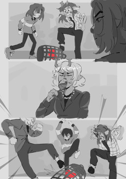 ambiguous_gender anthro cage clothing container cup deer_antlers drinking drinking_glass evil_grin female glass glass_container glass_cup group jacket kick necktie red_heart shadowed_eyes smile sweater topwear rronika abbacchio_joins_the_kicking deltarune golden_wind jojo's_bizarre_adventure undertale_(series) carol_holiday dess_holiday kris_dreemurr deer human mammal soul_(undertale) comic crossover hi_res meme
