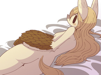 anthro bedding bedding_background biped blonde_hair female female_anthro fur hair high-angle_view long_hair looking_at_viewer lying monotone_body monotone_fur monotone_hair nude nude_anthro nude_female on_side rear_view simple_eyes slim slim_anthro slim_female solo straight_hair tan_body tan_fur tapering_snout crepix european_mythology mythology pandemonium_wizard_village slavic_mythology domika kikimora 2020 cel_shading digital_drawing_(artwork) digital_media_(artwork) shaded