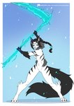 anthro black_hair blue_eyes braided_hair breasts energy_scythe energy_weapon eyebrows eyelashes featureless_breasts featureless_crotch female fur hair inner_ear_fluff looking_at_viewer melee_weapon navel neck_tuft nude polearm scythe side_boob smile solo striped_body striped_fur stripes tail tuft weapon white_body white_fur alanscampos domestic_cat felid feline felis mammal 2023 hi_res